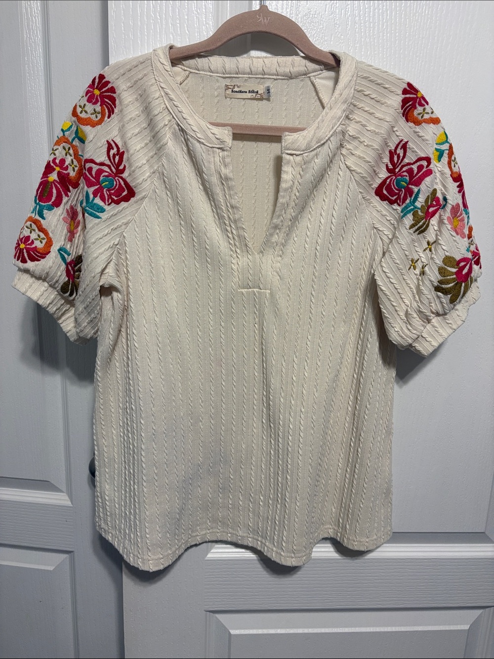Embroidered Puff-Sleeve Cream Blouse with Floral Accents